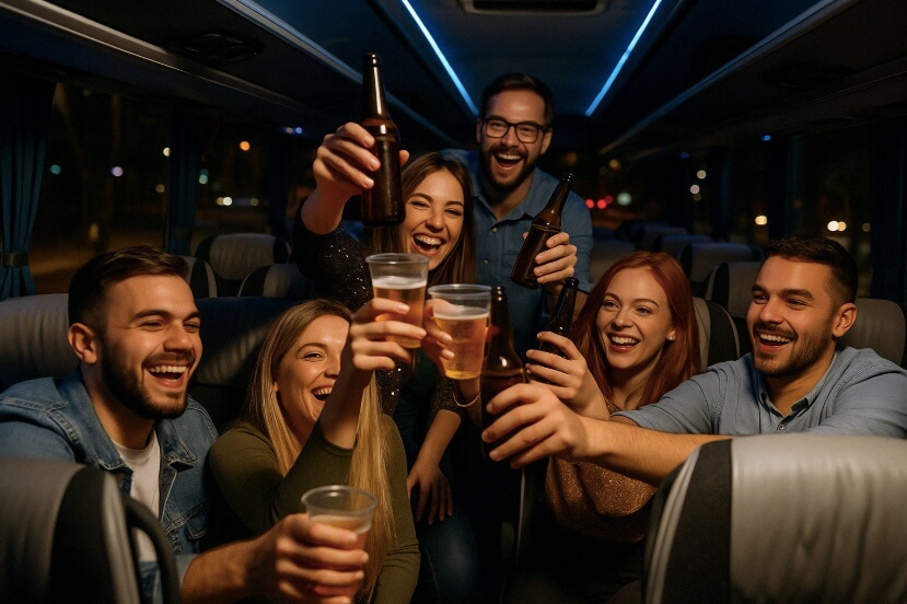Groupe d'amis festifs dans un bus privé
