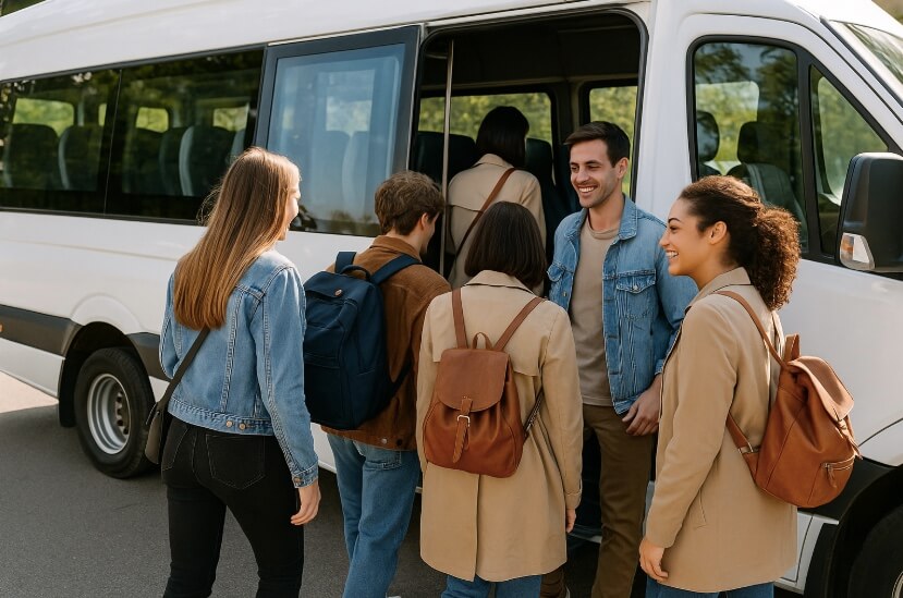 Groupe embarquant dans un minibus 15 places