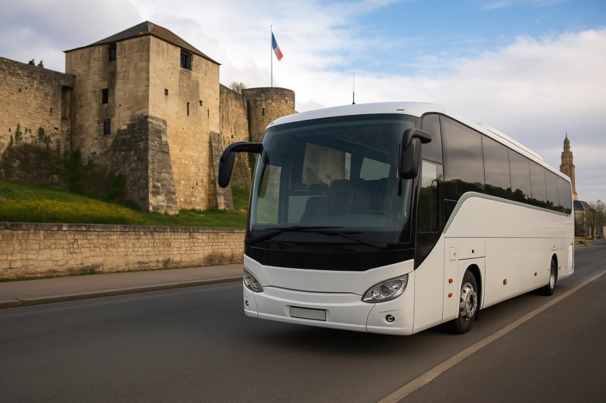 Bus loué à Caen avec Centrale Autocar, devant le château