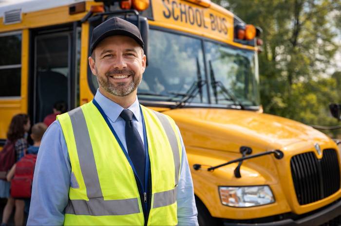 Chauffeur de bus scolaire souriant