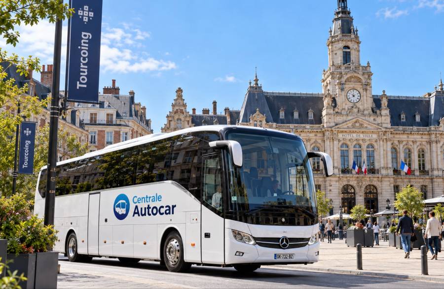 Autocar avec chauffeur Centrale Autocar devant l'hôtel de ville de Tourcoing